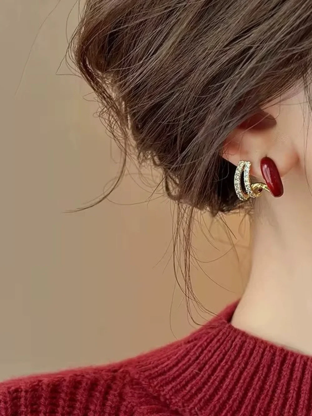 *** New Trendy Gold-Plated Red Enamel & Crystal Double-Bar Earrings
